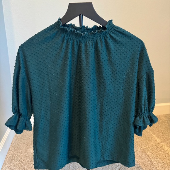 Madewell Thread & Texture Swiss Dot Ruffled Sleeve Top Blouse emerald Size small - Picture 4 of 5